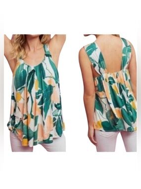 Vanessa Virginia Knotted Tropical Leaf Print Tank Top - Green & Peach. Size XS.